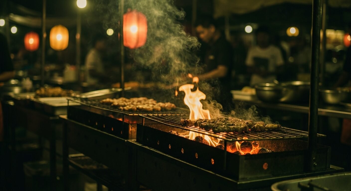 Street food grill at night with open flames