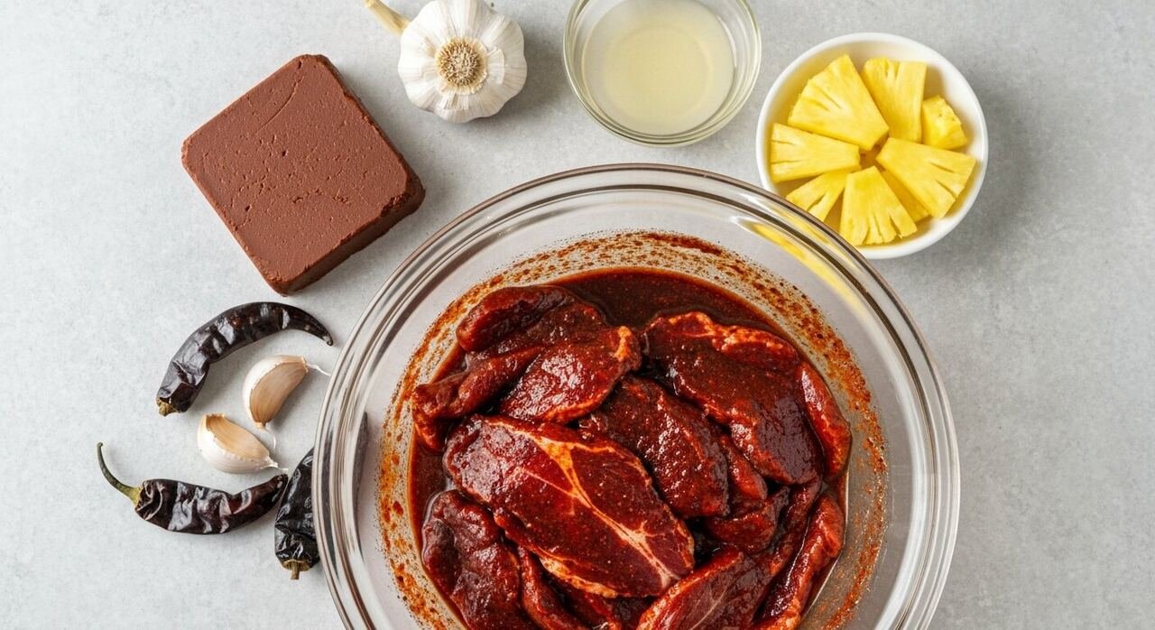 Pork slices in red adobo marinade with guajillo chiles and achiote