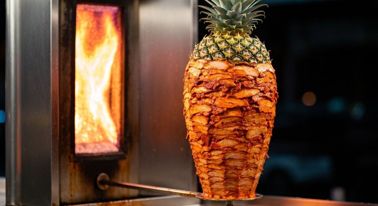 A trompo vertical spit stacked with marinated al pastor pork crowned with pineapple