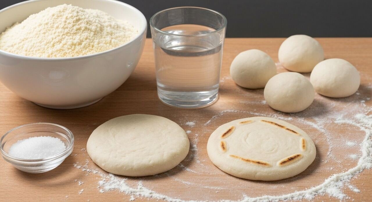 Masarepa cornmeal, water, salt and shaped arepa dough discs