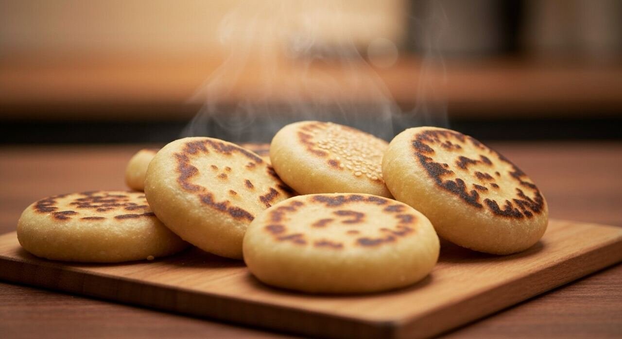 Arepas developing golden crusts on a cast iron griddle