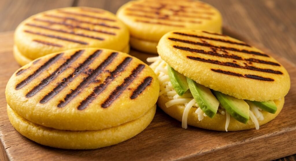 Golden grilled arepas, one split and stuffed with cheese and avocado
