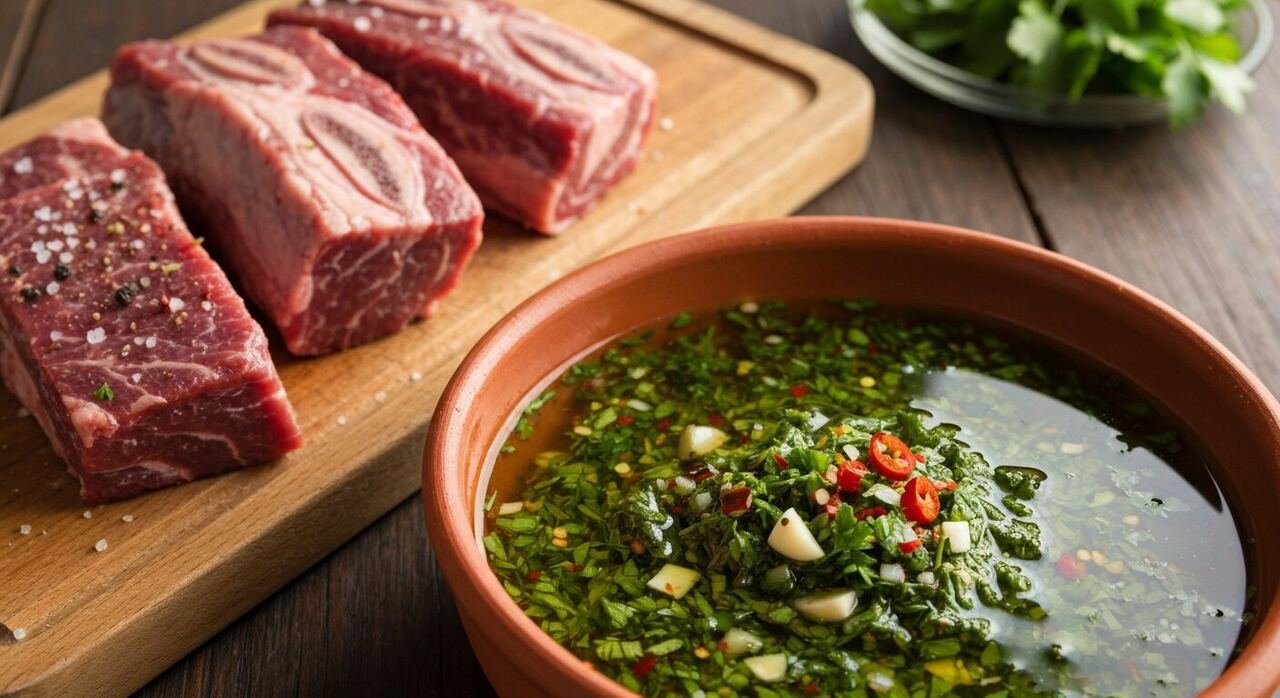 A bowl of chimichurri sauce beside raw beef short ribs