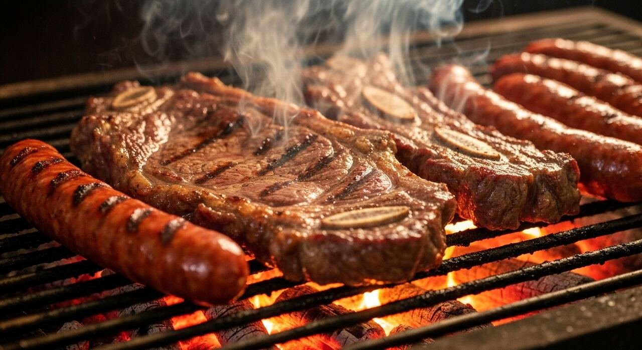 Short ribs and chorizo cooking on a parrilla over wood embers