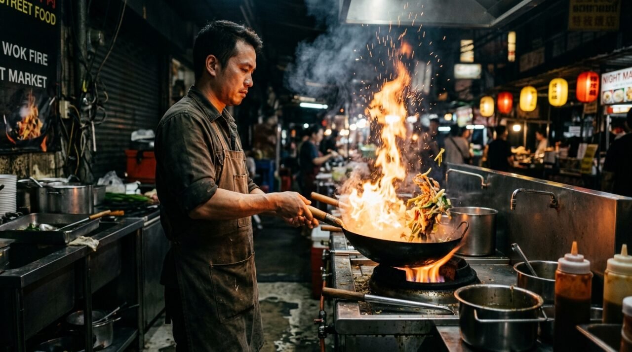 Chef tossing food in a flaming wok at a late-night street food kitchen