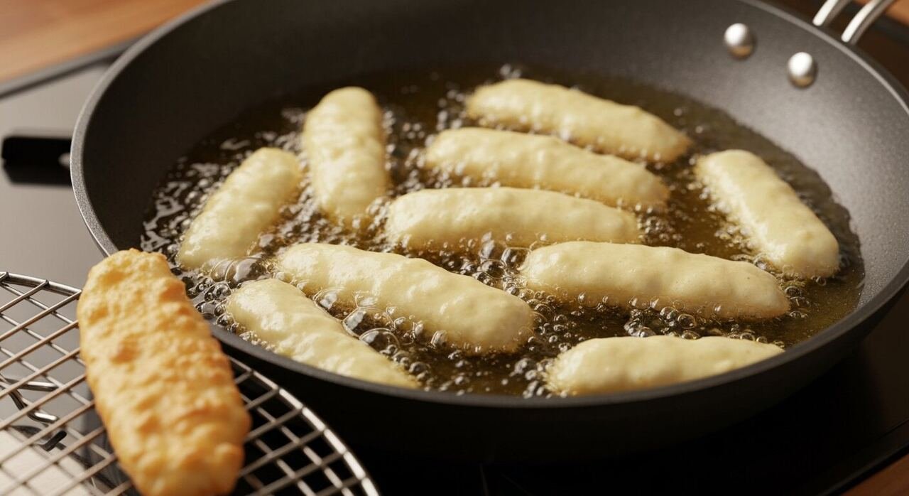 Beer-battered fish strips frying golden in hot oil