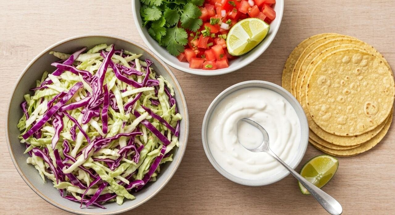 Cabbage slaw, crema, tomatoes, cilantro, limes and tortillas