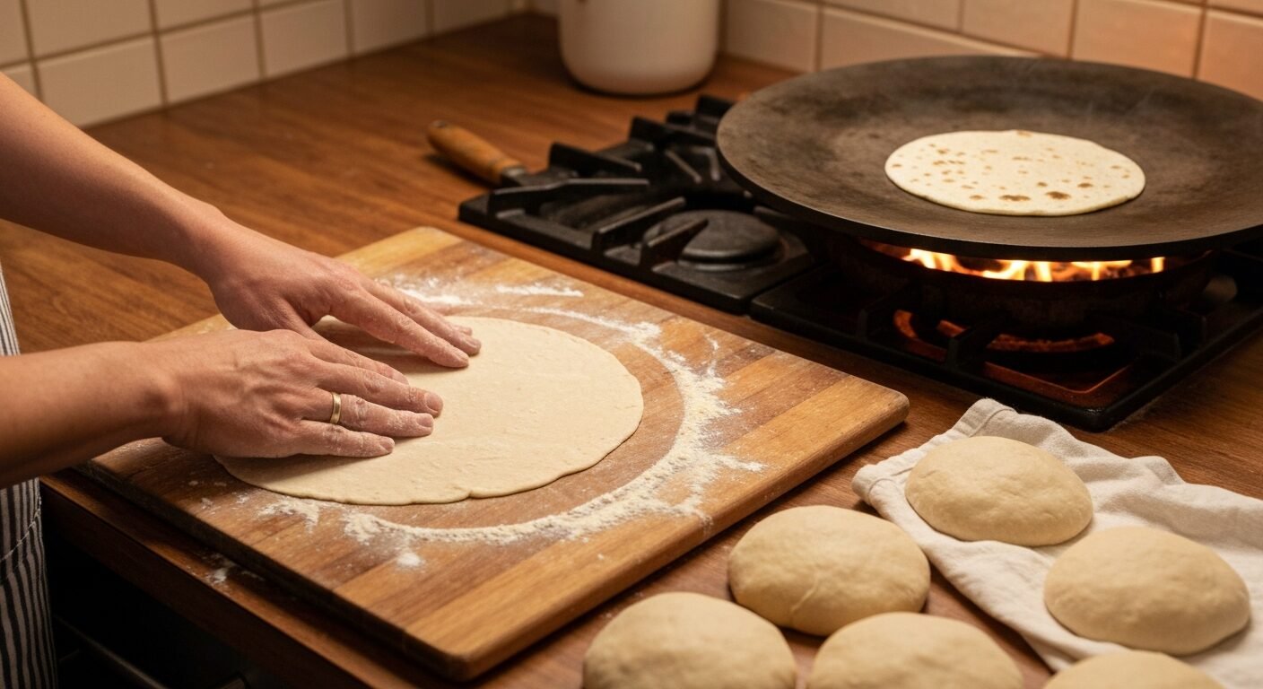 Hands patting baleada tortilla dough with a comal griddle behind