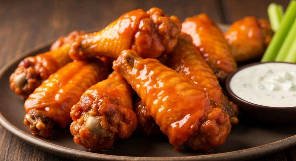 Crispy Buffalo wings in orange sauce with blue cheese and celery