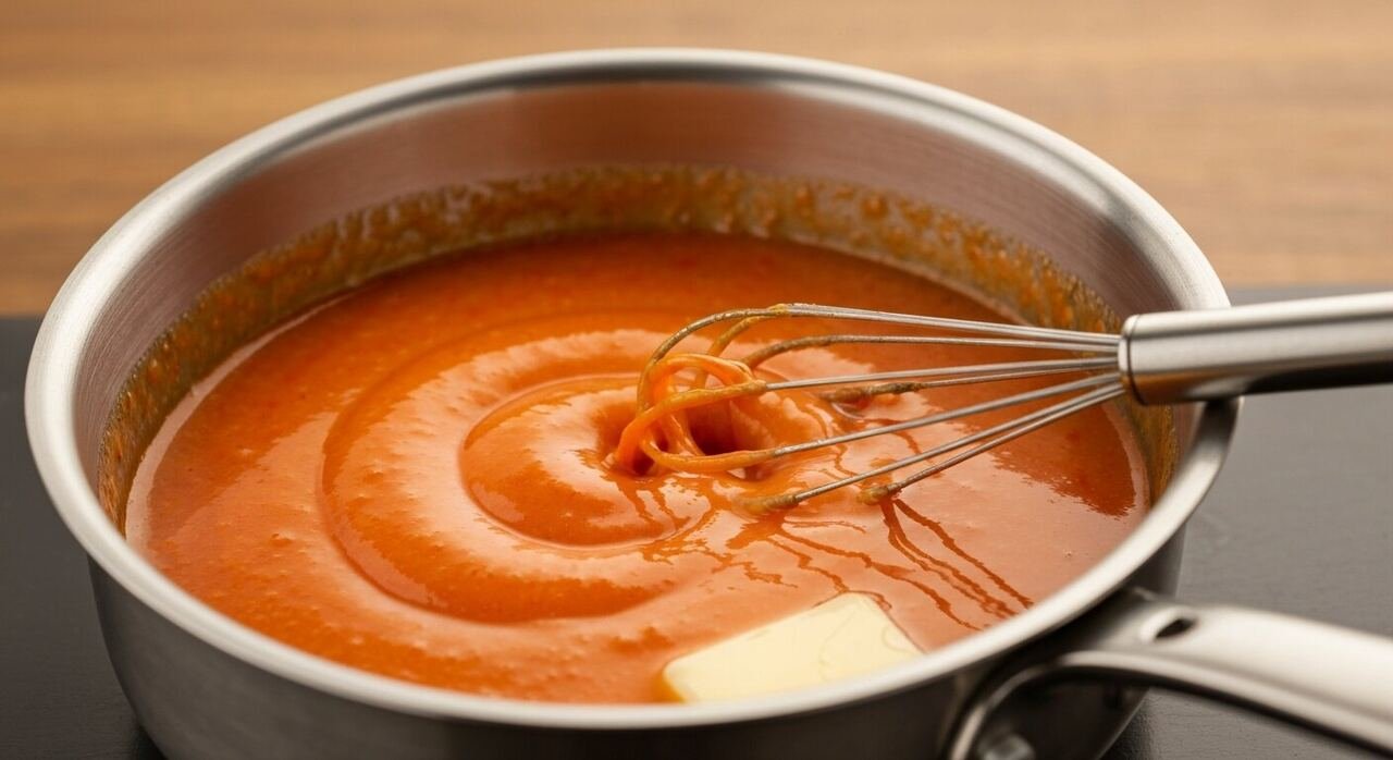 Butter and cayenne hot sauce whisked into glossy orange Buffalo sauce