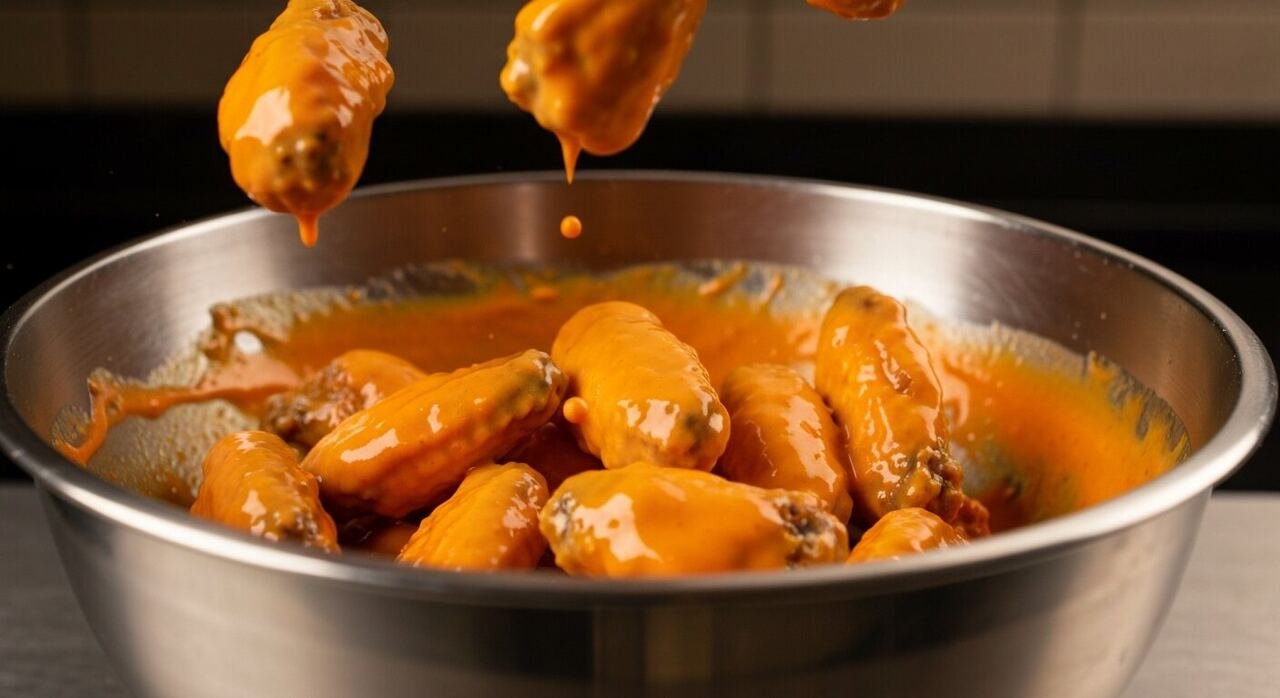 Crispy fried wings tossed in orange Buffalo sauce in a steel bowl