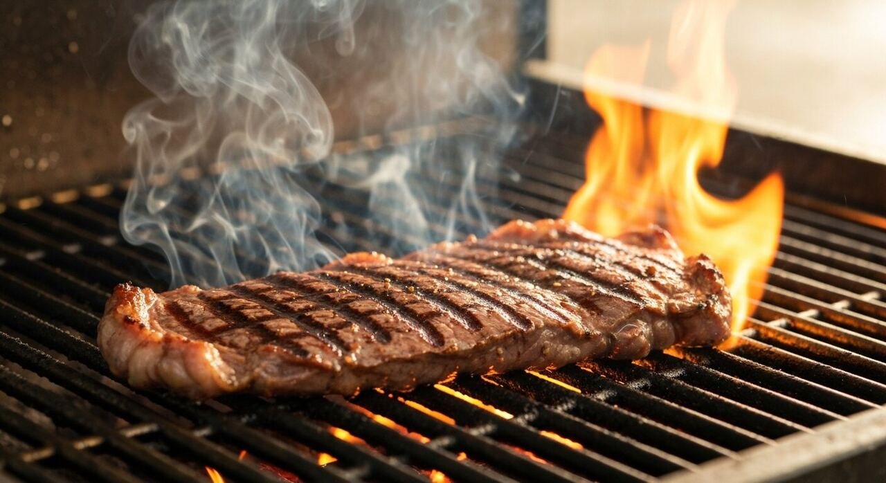Marinated skirt steak searing over a charcoal grill