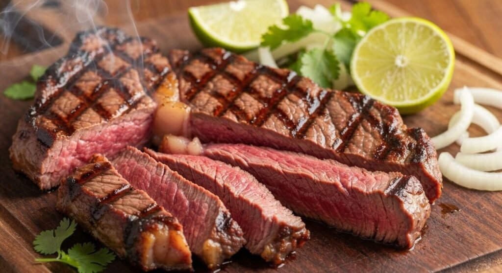 Sliced grilled carne asada steak with lime, cilantro and onion