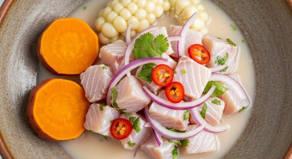 A ceramic bowl of Peruvian ceviche with sweet potato and corn