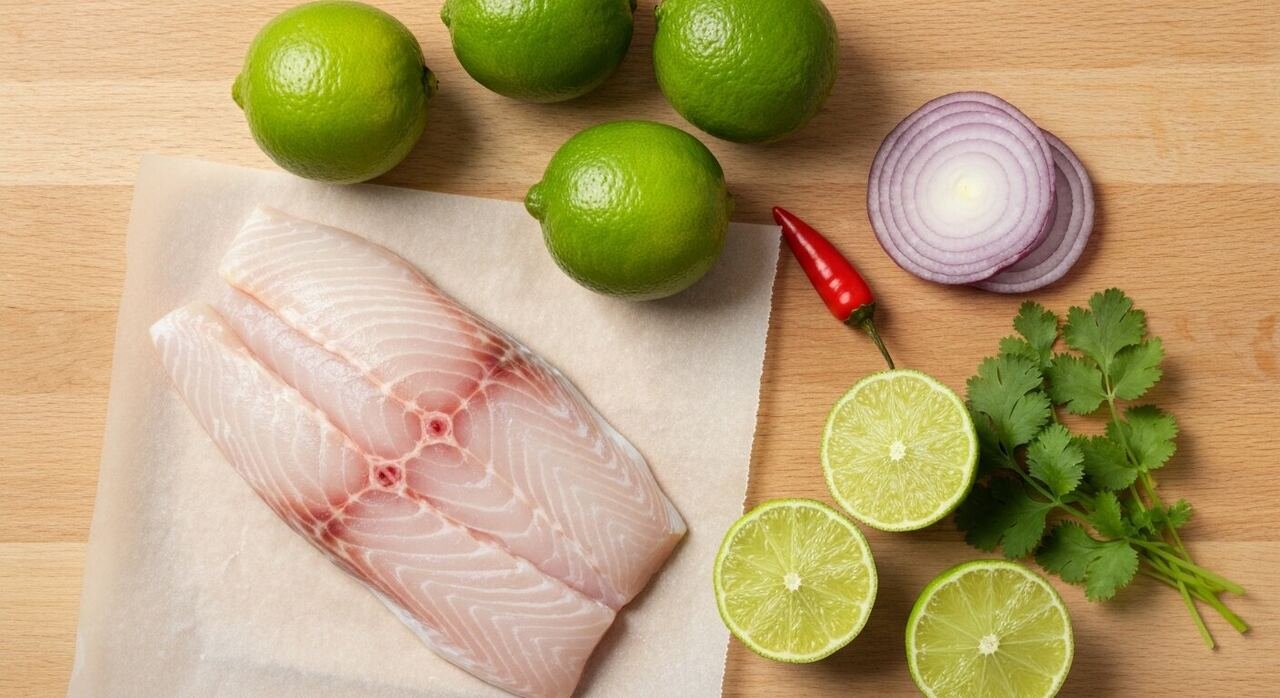 Fresh fish, limes, red onion, cilantro and chili for ceviche