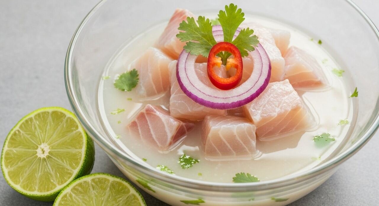 Lime juice poured over fish cubes for ceviche leche de tigre