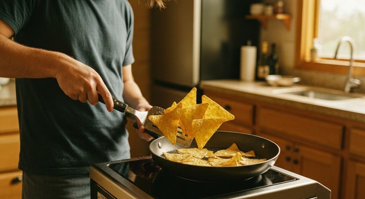 Corn tortilla triangles frying golden in a shallow pan of oil