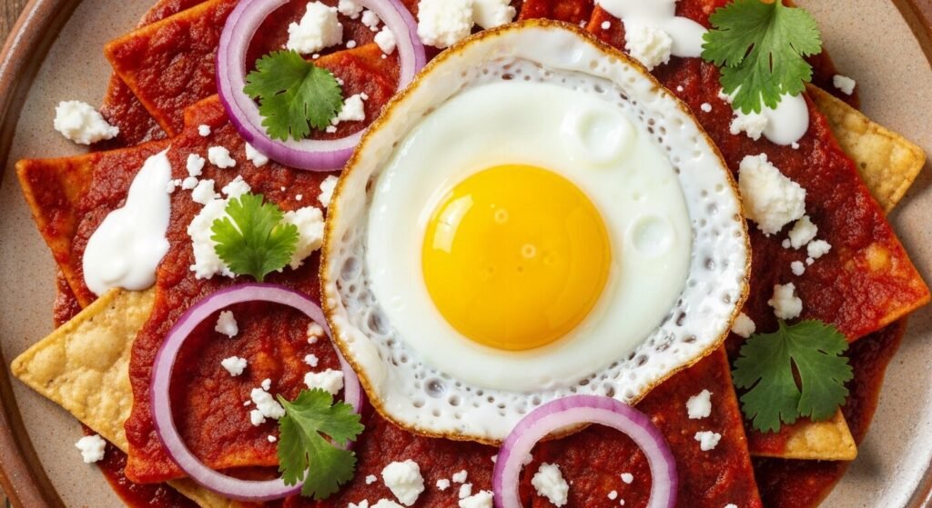 A plate of red chilaquiles topped with a fried egg