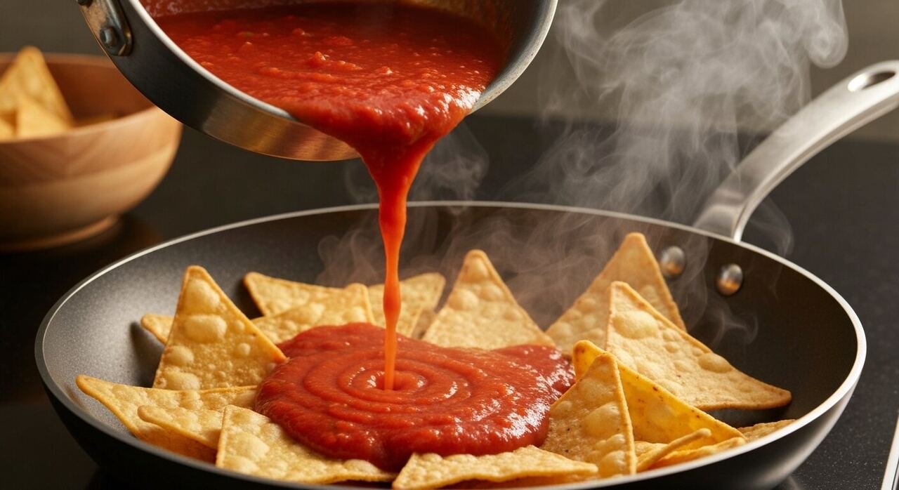 Red salsa poured over fried tortilla triangles in a skillet