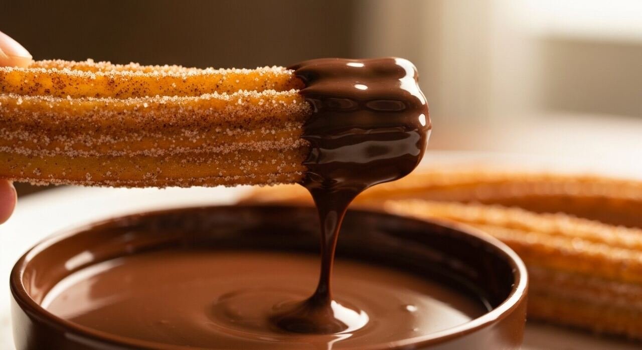 A cinnamon-sugar churro dipped into thick dark chocolate