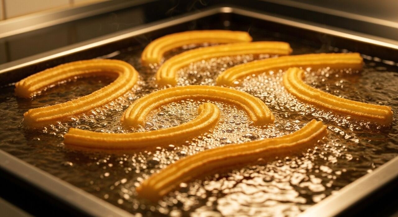 Ridged churros frying in golden bubbling oil