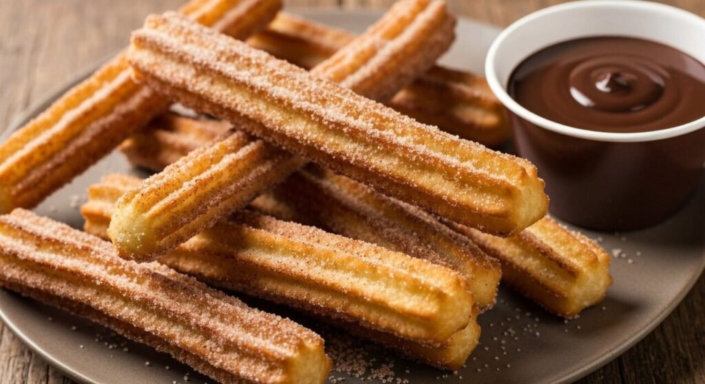 A cinnamon-sugar churro dipped into thick dark chocolate