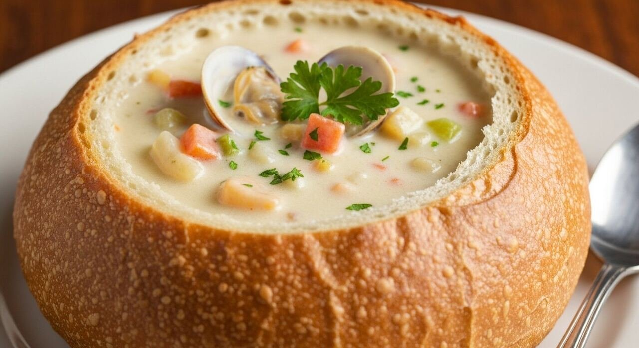 Creamy clam chowder served in a sourdough bread bowl