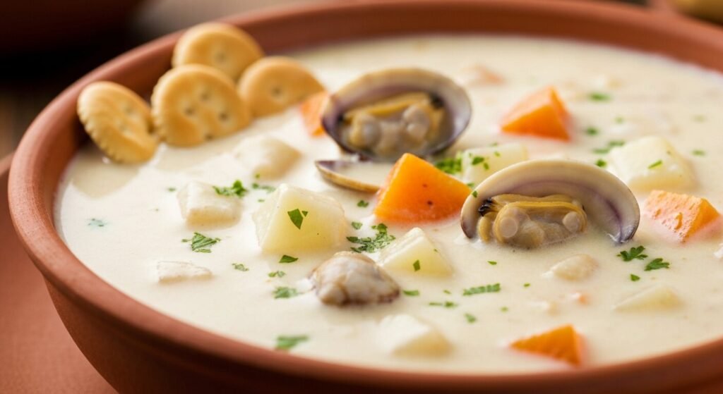 A bowl of creamy New England clam chowder
