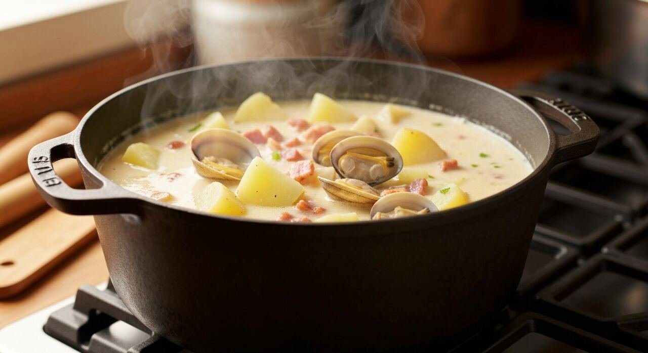 Creamy clam chowder simmering with potatoes, clams and bacon