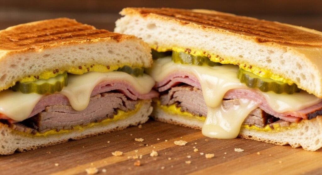 A pressed Cuban sandwich cut diagonally showing pork, ham, Swiss and pickle