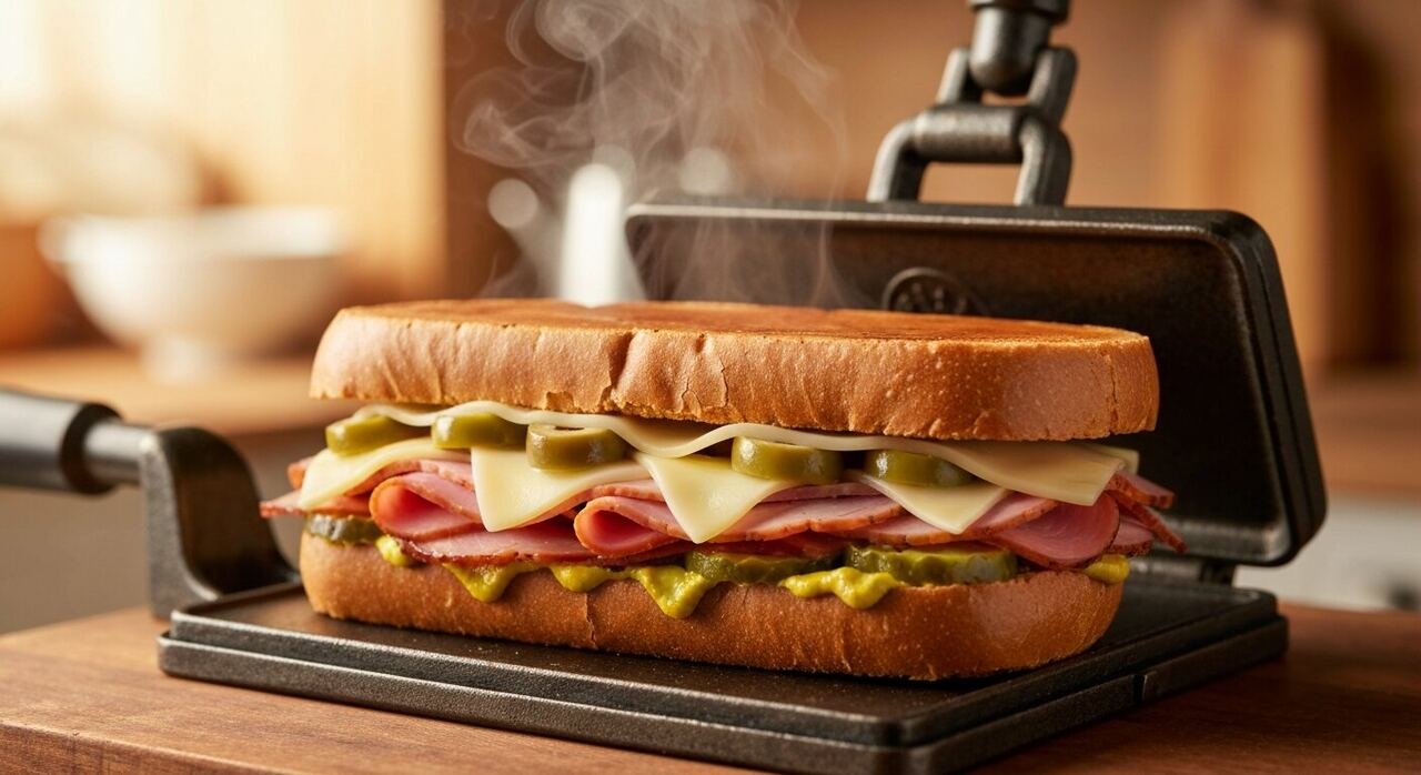 A Cuban sandwich flattening under a hot cast iron press