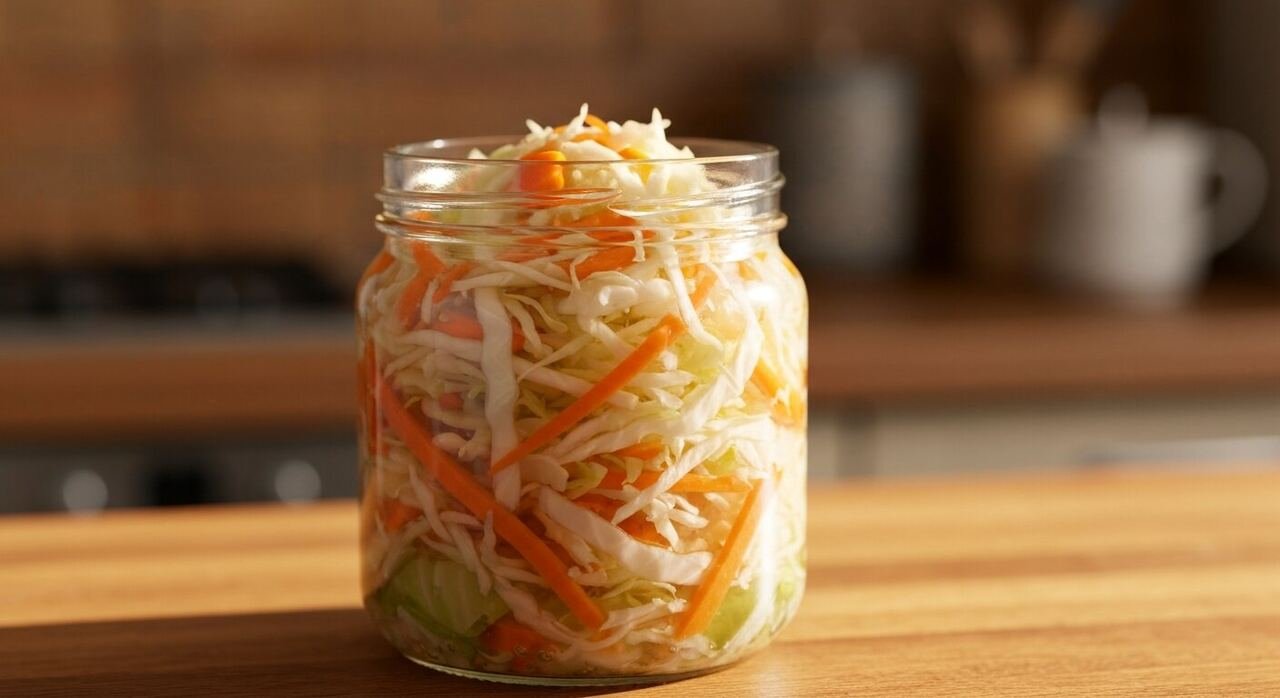A glass jar of curtido cabbage slaw fermenting in brine