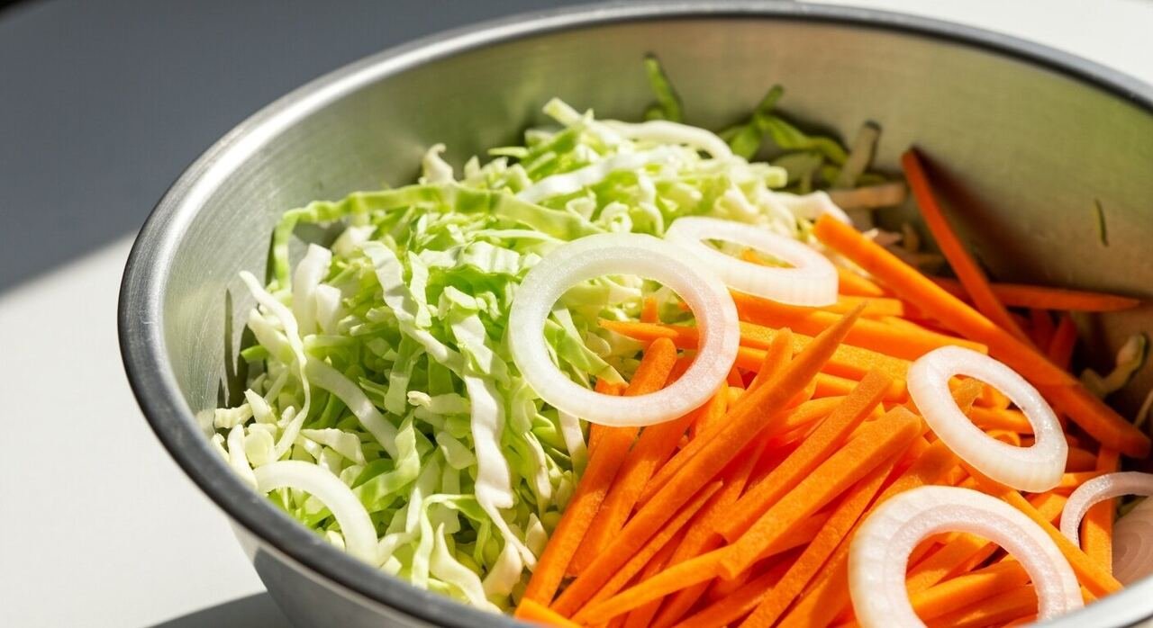 Shredded cabbage, carrot and onion in a mixing bowl for curtido