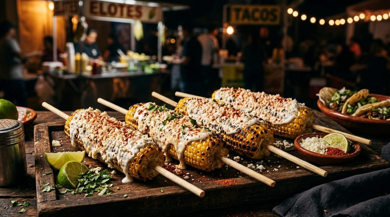Charred Mexican elote street corn with crema, cotija and chili powder