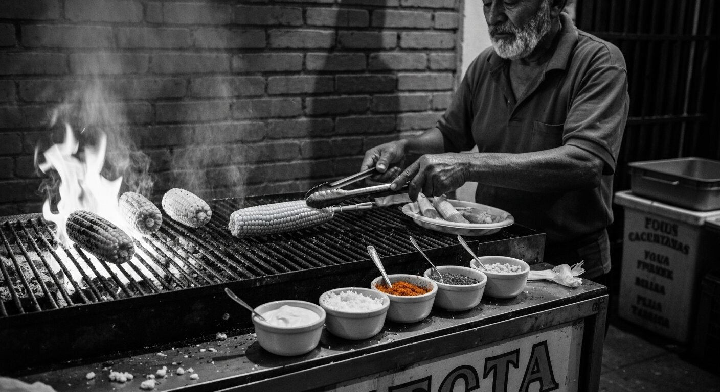 Corn cobs charring over open flame with crema, cotija and chili powder waiting