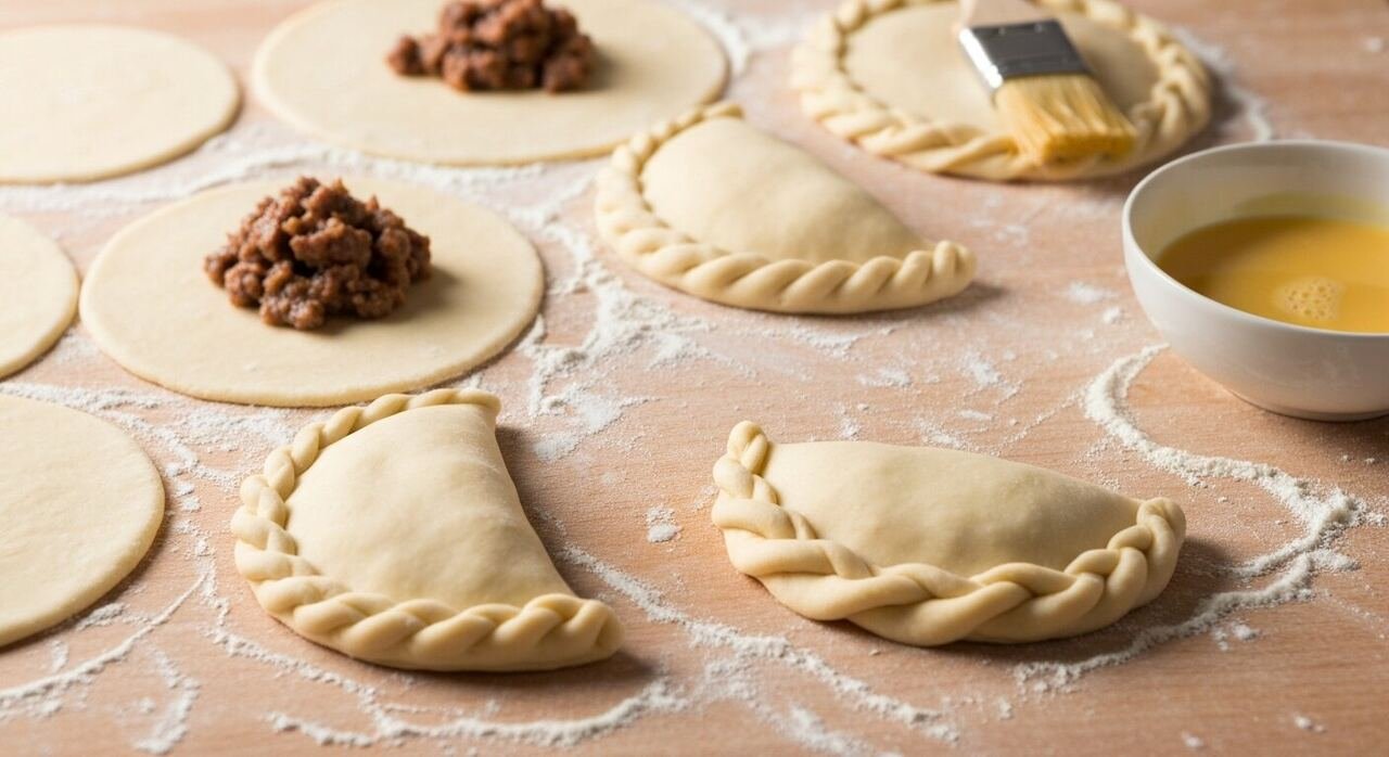 Dough discs and folded empanadas with braided repulgue edges