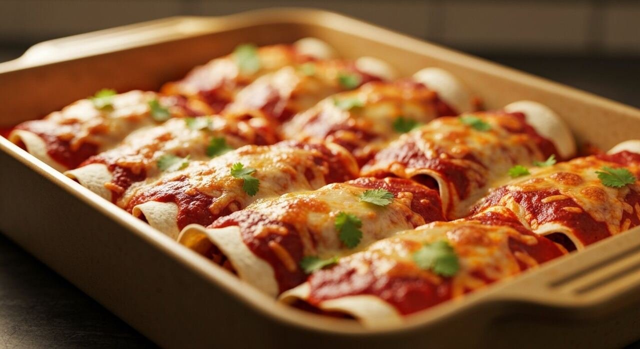 A baking dish of rolled enchiladas smothered in red sauce and melted cheese