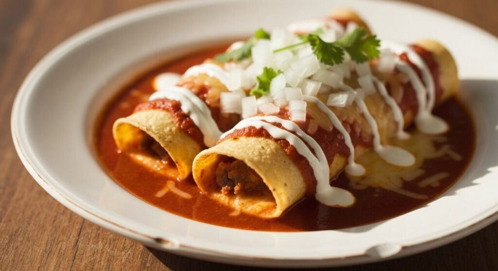 A plate of red Mexican enchiladas topped with cheese, crema and onion