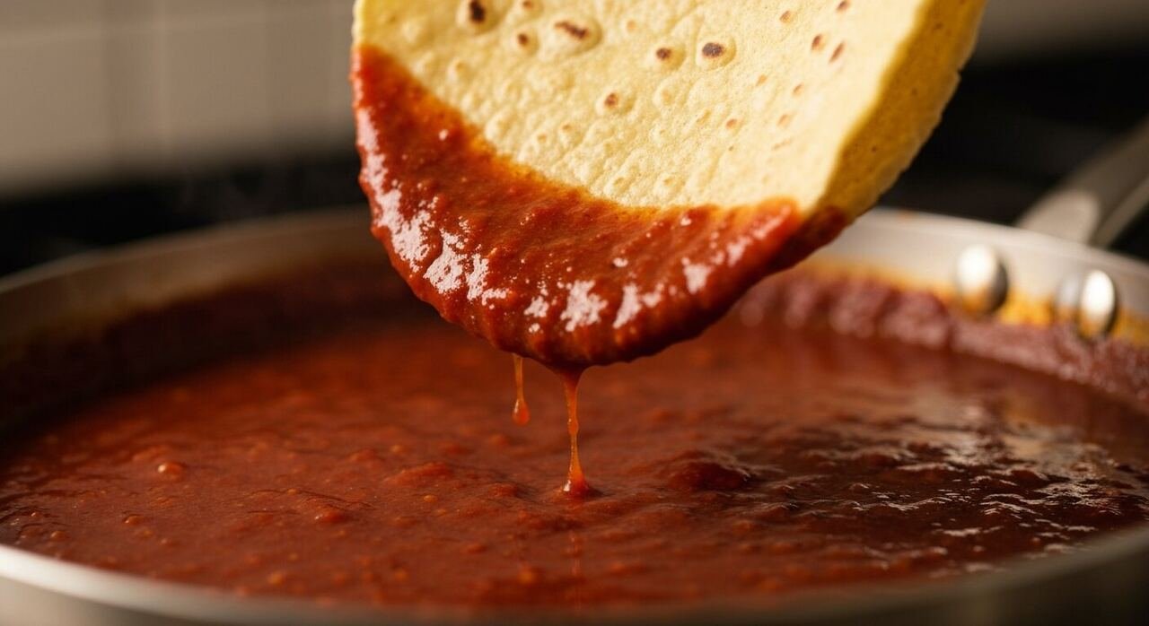 A corn tortilla being dipped in red chile enchilada sauce