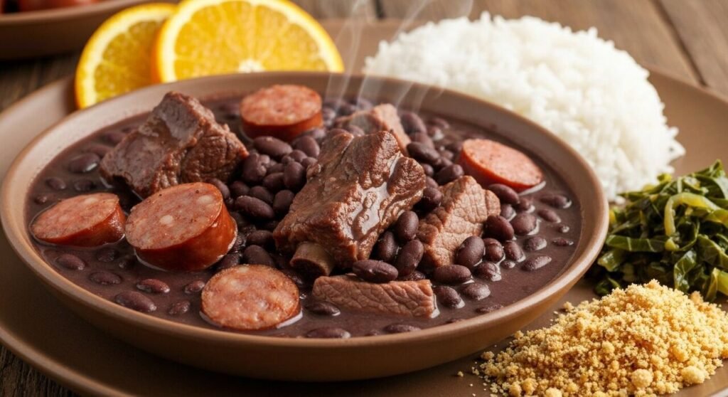 Brazilian feijoada black bean and pork stew with rice and orange
