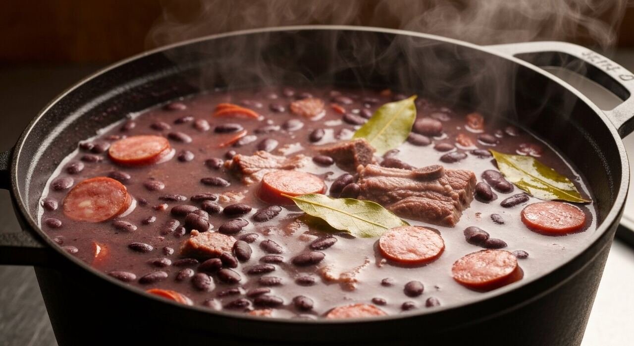 Feijoada simmering with black beans, sausage and pork ribs