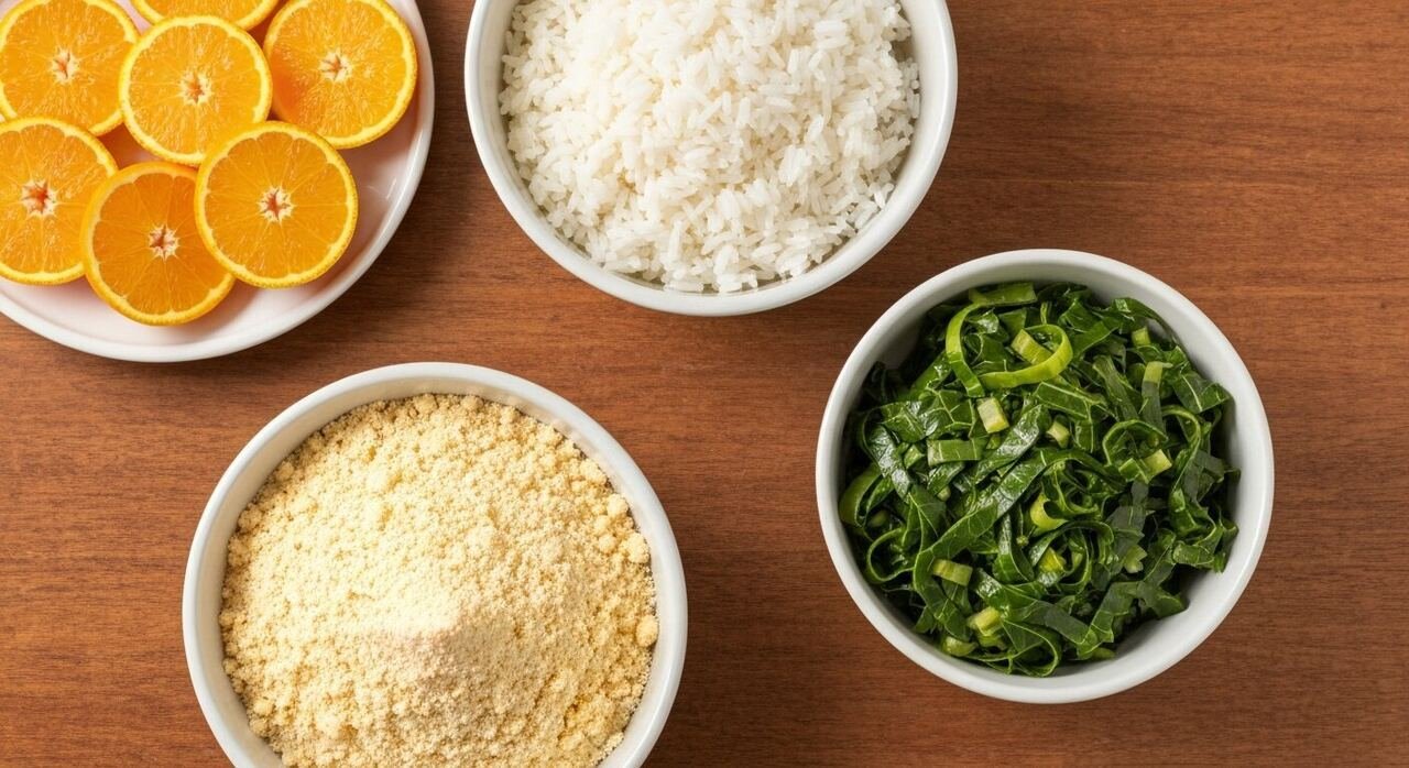 Rice, farofa, collard greens and orange slices for feijoada