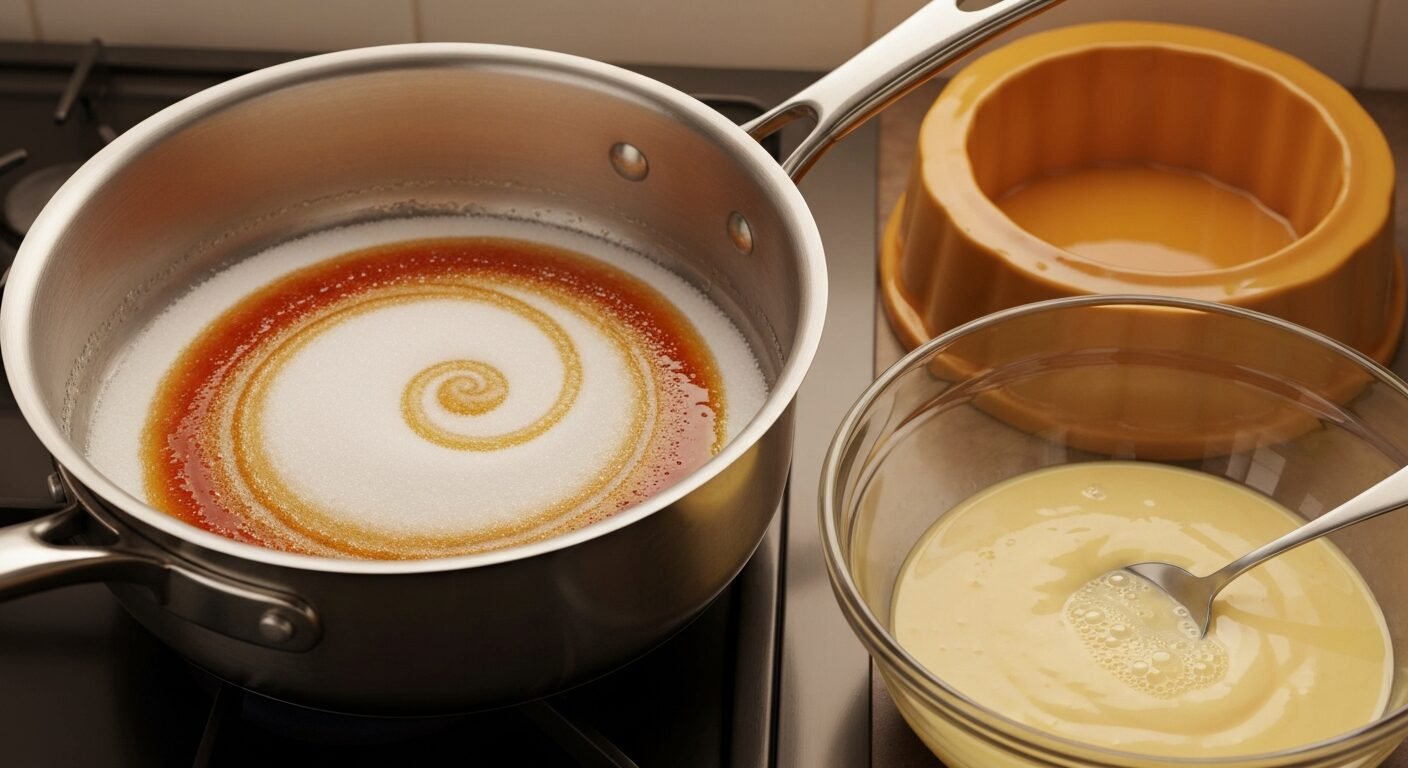 Sugar melting to amber caramel in a pan beside a flan mold and custard