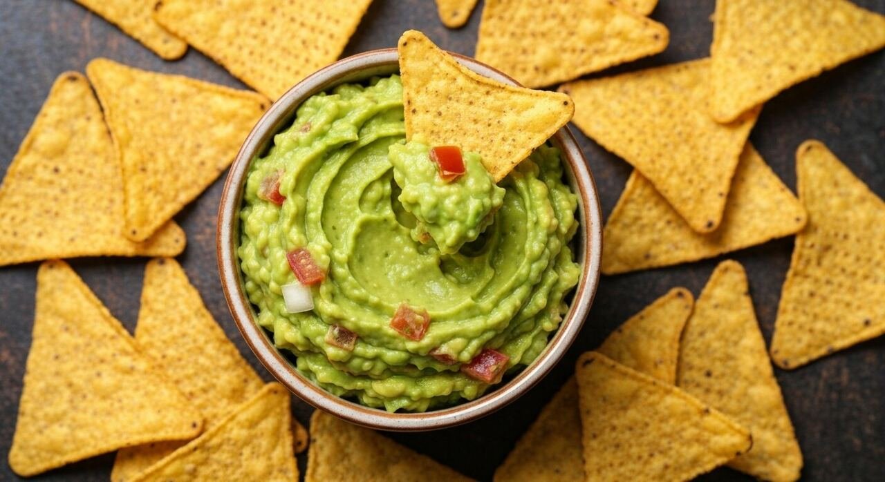 A bowl of guacamole with a tortilla chip being dipped in