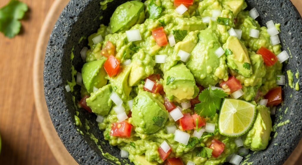 A molcajete of chunky Mexican guacamole with onion, tomato and cilantro