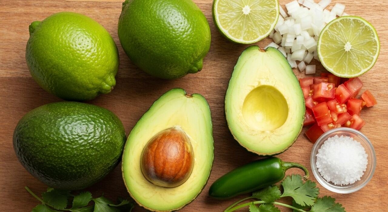 Fresh Hass avocados, lime, onion, tomato, cilantro and jalapeno for guacamole