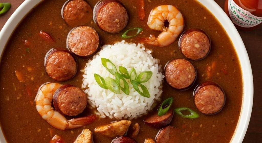 A bowl of Louisiana chicken and andouille gumbo over rice