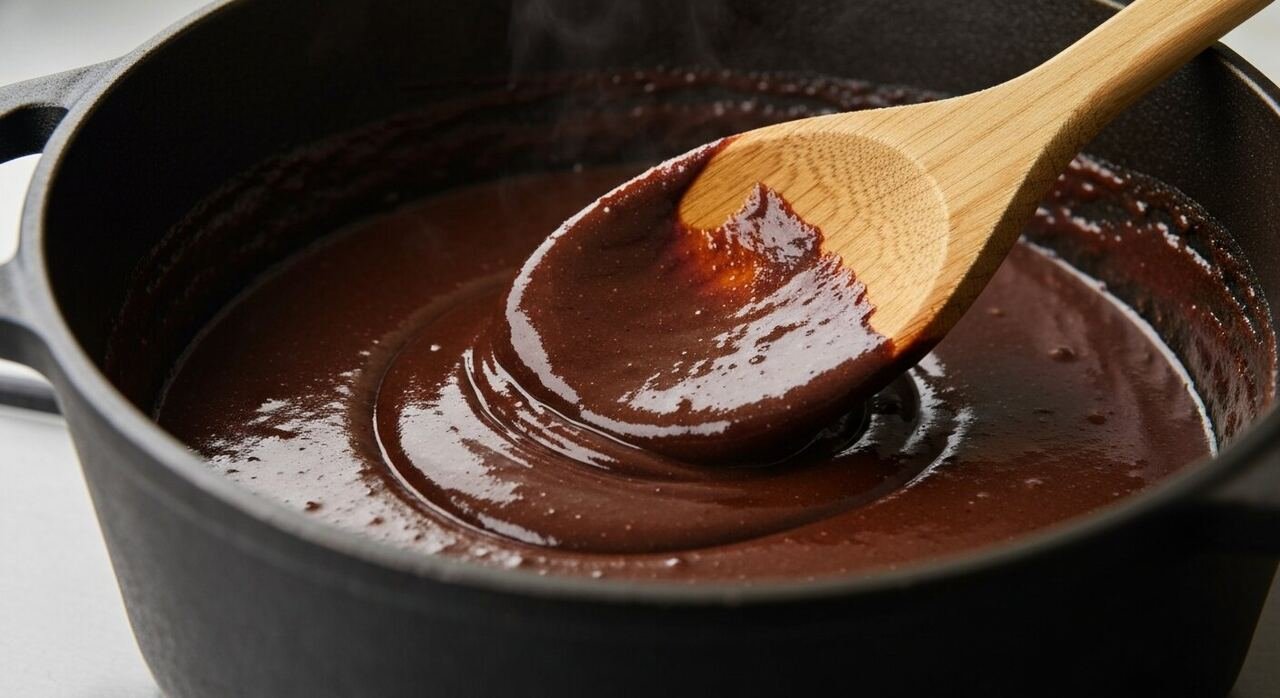 A chocolate-dark roux stirred in a cast iron pot
