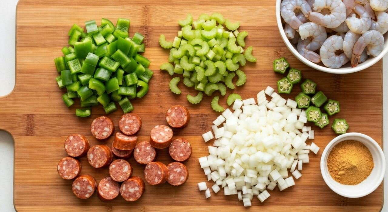 Diced onion, bell pepper and celery with andouille, shrimp and okra
