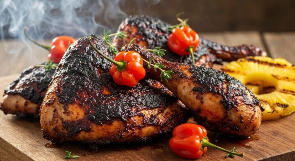 Charred Jamaican jerk chicken on a grill with scotch bonnet and thyme